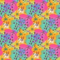 Colorful seamless pattern with cute cartoon elephants, dancing monkeys, magical flowering trees on orange background. Print for baby fabric. Paisley, bright large tropical butterflies, pink flowers.