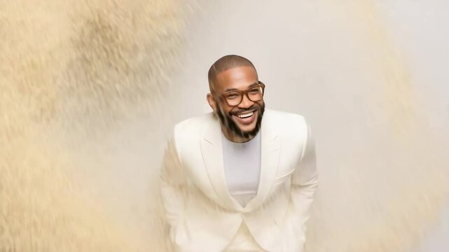 portrait of master of ceremonies with joyful expression positioned on left side of frame
