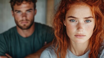 A striking portrait showing two individuals, one in the foreground with captivating features, capturing their mood and connection in a warm, artistic setting.