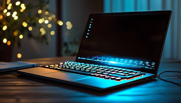 Open silver portable notebook computer on a black office desk displaying data, perfect for business communication and technology work