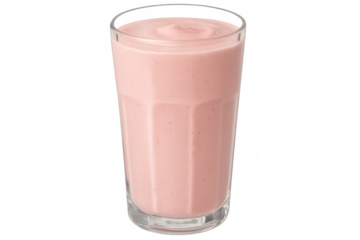 Refreshing pink strawberry milkshake filling a transparent glass on a transparent background, perfect for summer beverage advertising