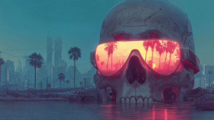 Giant Skull Wearing Sunglasses Reflecting Neon Palm Trees in Dystopian City