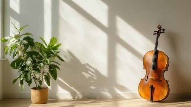 An elegant cello stands beside a vibrant plant, illuminated by natural light, capturing a serene and artistic atmosphere perfect for music lovers and nature enthusiasts.
