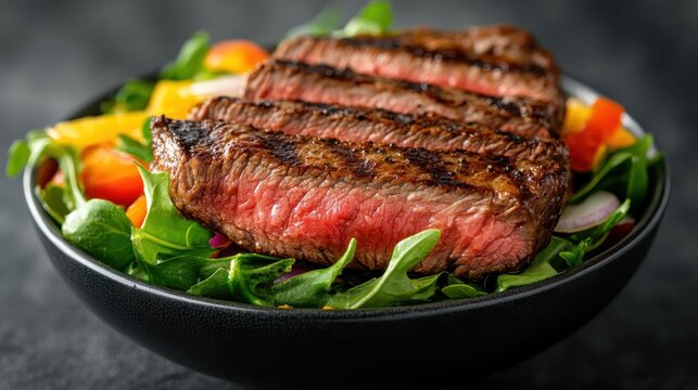 A beautifully arranged dish featuring grilled steak slices served atop a fresh vegetable salad, highlighting culinary excellence and appetizing aesthetics for gourmet food lovers. - Powered by Adobe