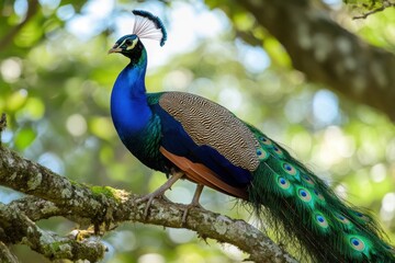 Obraz premium Colorful wild peacock perched on a branch in Udawalawe National Park, Sri Lanka during daylight, Udawalawe national park in Sri Lanka Wild Peacock bird on tree branch in forest
