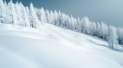 Obraz premium A serene winter landscape featuring tall, snow-covered trees blanketed under fresh, white snow, creating a tranquil scene of pure wintry beauty and calmness in nature.
