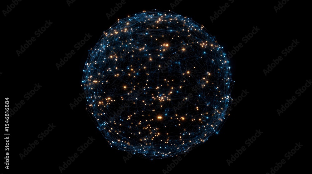 Poster abstract glowing sphere with interconnected nodes.