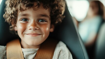 A joyful child with curly hair and freckles smiles brightly from a car seat, capturing the innocence and happiness of childhood in a candid and heartwarming moment.