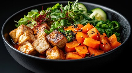 A vibrant and colorful bowl featuring grilled tofu, fresh salad greens, and diced carrots, representing healthy eating and the importance of nutrition in our daily lives.