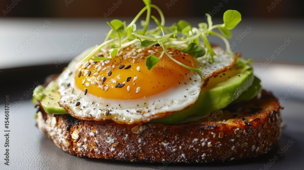 Aufkleber delicious fried egg and avocado toast on toasted bread with sesame seeds and microgreens.