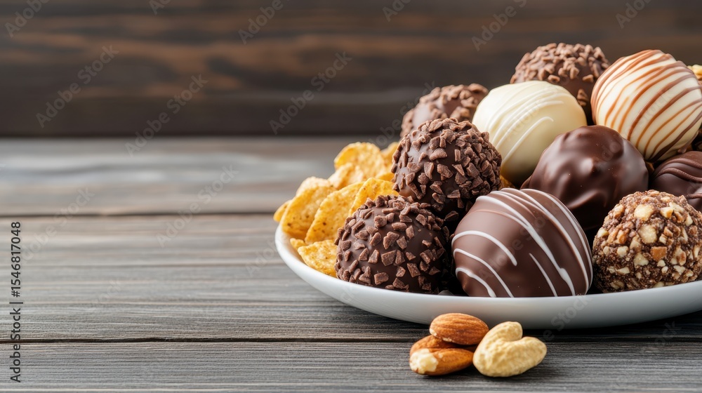 Poster an array of delectable chocolate truffles and nuts presented artfully on a plate, tantalizing the se