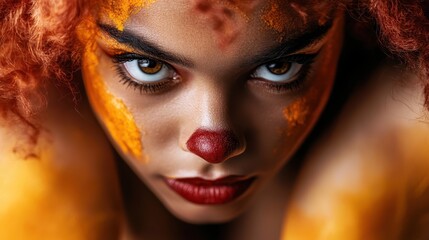 A striking portrait of a woman with vibrant orange curls and artistic makeup, capturing her intense gaze and the emotional expression conveyed through color and style.