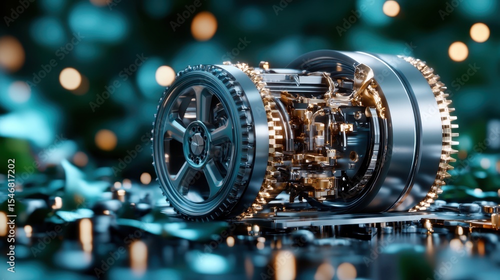 Poster this image showcases a futuristic mechanical engine design with intricate detailing and a sparkling 