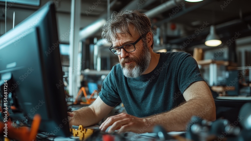 Poster a dedicated man intensely focuses on his work at a computer in a modern workshop, showcasing determi