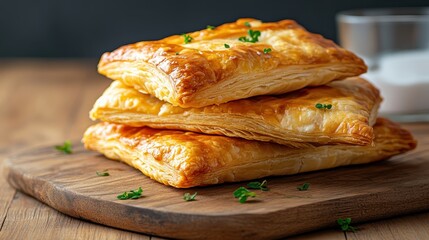 Deliciously flaky golden puff pastries are beautifully stacked on a rustic wooden board, showcasing an inviting, fresh-baked appearance that entices hunger and delight.