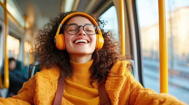 A joyful woman with curly hair wearing headphones, smiling brightly while traveling on public transport, depicting the powerful connection between music and happiness.