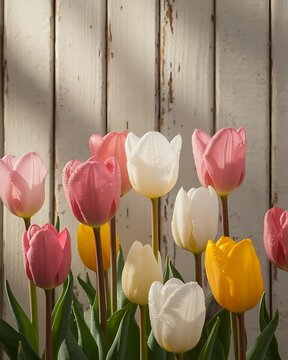 Fototapeta A vibrant arrangement of pink, white, and yellow tulips lies gently on rustic white wooden planks. A cheerful, rustic spring composition full of charm and floral color.