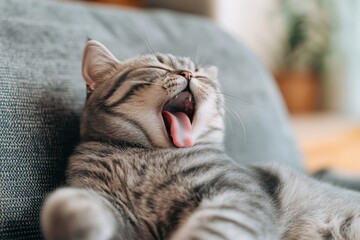 Cute Scottish fold cat yawns while relaxing indoors on a cozy afternoon, Cute Scottish fold female cat yawning and licking herself at home Pet portrait