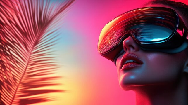 A stunning modern portrait of a woman wearing futuristic glasses against a neon-lit background, evoking a sense of uniqueness, style, and futuristic allure.