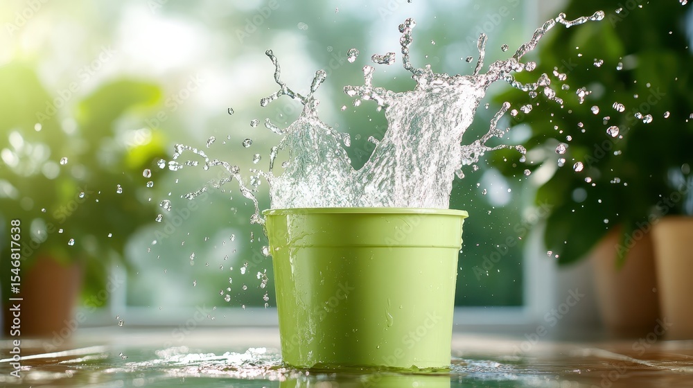 Poster a dynamic image of water splashing out of a vibrant green bucket, capturing a refreshing and playful