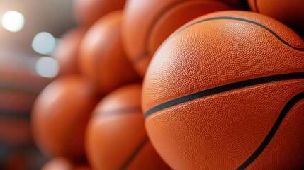 An artistic close-up reveals textured basketballs stacked together, showcasing the sport's essence, dynamism, and excitement in a vibrant and energetic ambiance.