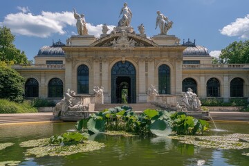 Statues grace the entrance of Petit Palais in Paris showcasing remarkable French architecture and artistry, Statues above the entrance of The Petit Palais in Paris on a summer day