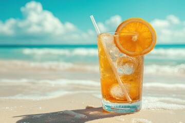 Refreshing iced drink with an orange slice on a sunny beach during a warm day, Refreshing iced drink with slice of orange on beach