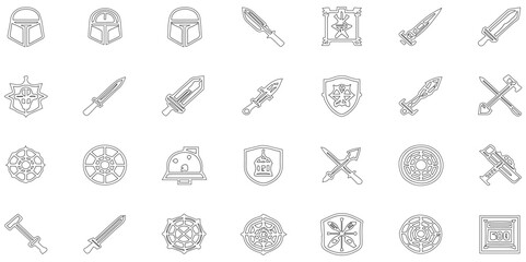 Set of war weapon icon with line art outline, military and defense editable stroke outline collection of icons set isolated background. 