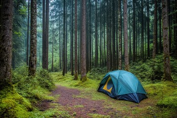 Relaxing in a vibrant forest with a blue tent surrounded by tall trees and lush greenery, tent in the forest