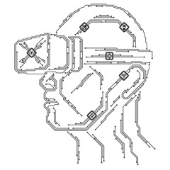 The concept of augmented reality glasses and digital intelligence. A man in the form of an electronic circuit. Microchips wireless communication, data and computing.