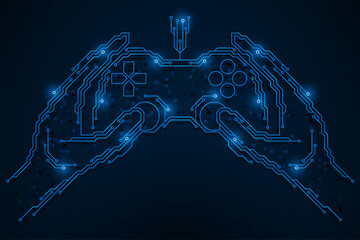 A game joystick in the hands in the form of electronic circuit tracks. The connection between man and machine in virtual reality and esports.
