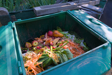 An open compost bin overflowing with vibrant kitchen and garden organic waste, highlighting...