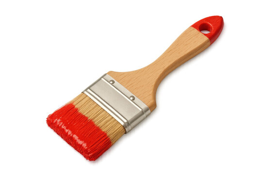 Red paintbrush dripping fresh paint, prepared for creative home improvement project