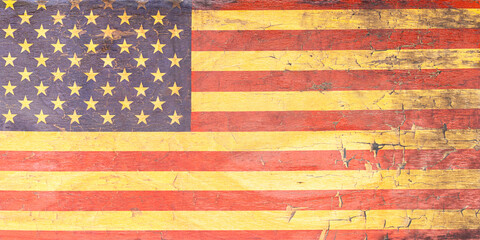 Colorful American national flag painted on a wooden board. Background with the symbol of the USA