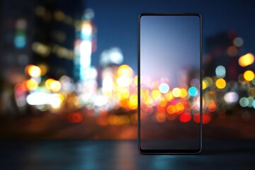 Transparent Smartphone Display with Colorful City Lights Bokeh in Background, Concept of Futuristic Technology and Digital Devices, Suitable for Modern Advertisement, Graphics Design