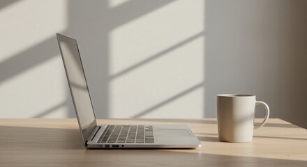 Fototapeta premium Modern Laptop and Coffee Mug on Minimalist Wooden Table