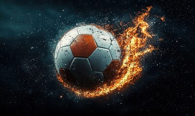 Fototapeta premium Flaming soccer ball soaring through dark stormy skies in an intense display of power and motion