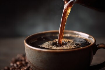 Hot Coffee Being Poured into a Ceramic Cup with Freshly Brewed Liquid, Highlighting Steam and Foam, Concept of Beverage Advertising, Coffee Shops, or Relaxation Design Themes
