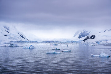 Beautiful paradise harbor in Antarctica under overcast sky