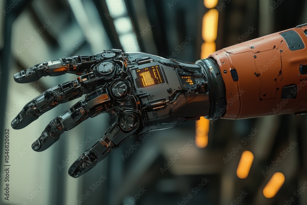 Poster robotic arm technology showcased in advanced industrial setting with intricate design features, indu
