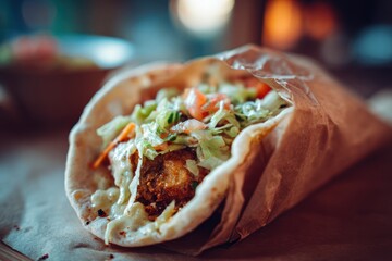 Gourmet Street Taco Wrapped in Compostable Packaging, Featuring Fresh Ingredients and Rustic Presentation, Representing Concepts of Modern Casual Dining and Eco-Friendly Eating