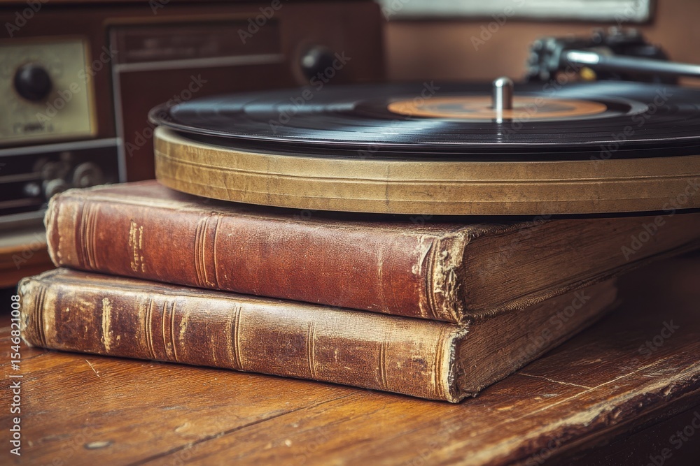 Poster old books resting next to a vintage record player on a wooden table, two old books on wooden table n