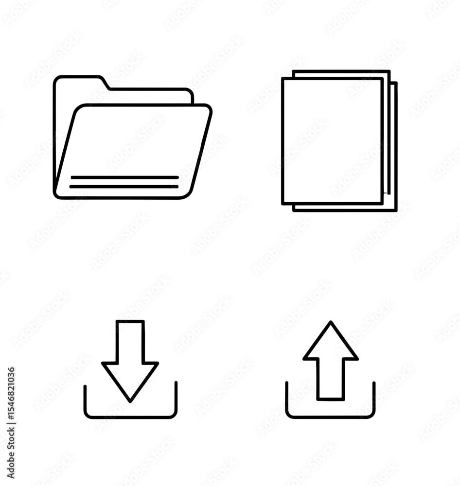 Aufkleber vector outline icons representing folder, stack of papers, download, and upload symbols in a clean d