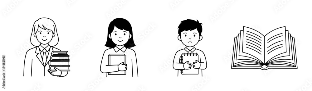 Poster vector three people holding books and an open book drawn in a line art style on a plain setting