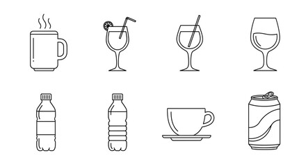Vector line art illustration featuring various beverages like juice, water, and coffee in different containers