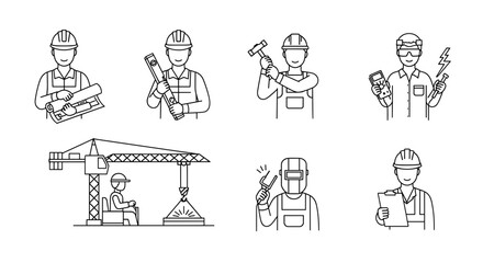 Vector illustrations depicting various construction workers and professions in outline style design format