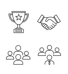 Vector outlined trophy with star, handshake, group of people and person with tie icons represented