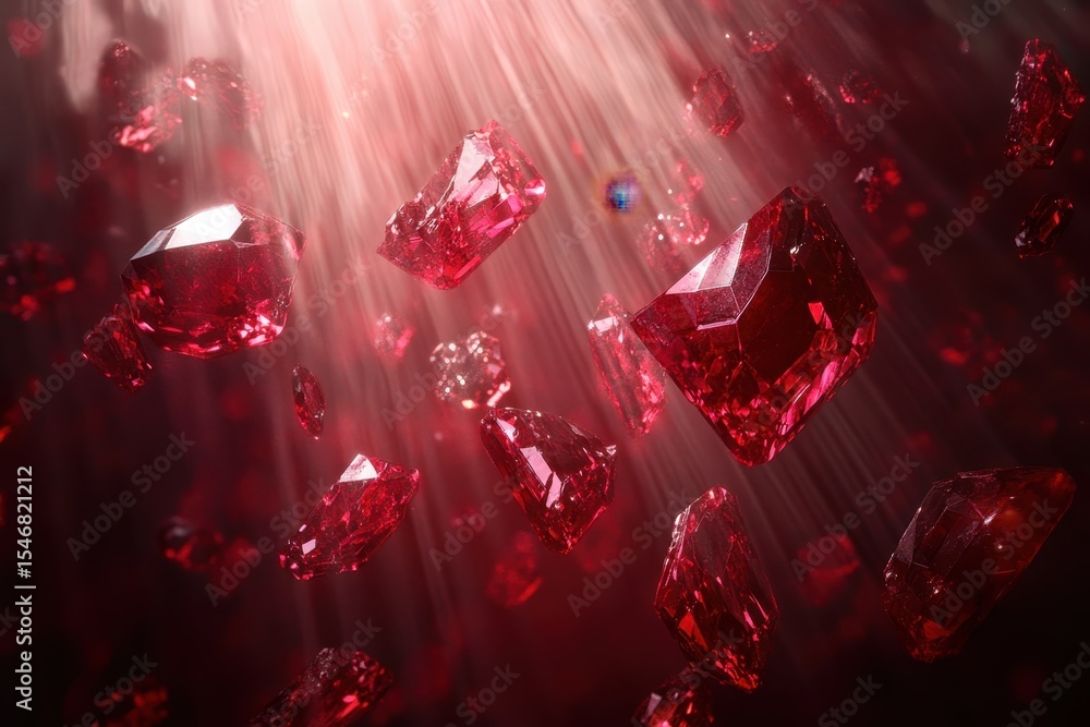 Poster brilliant red rubies cascade through beams of light in an enchanting display of color and elegance, 