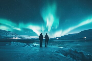 Two people standing in awe under vibrant northern lights in a serene winter landscape, Two people standing under vibrant northern lights on icy landscape
