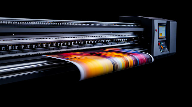 A high-end industrial printer in action, producing a vibrant and colorful print. The image highlights the precision and technology involved in large-scale printing.